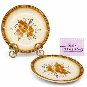 70's Mikasa SUNGLOW Provincial Rust Yellow Floral Stoneware Salad Plates Set 2